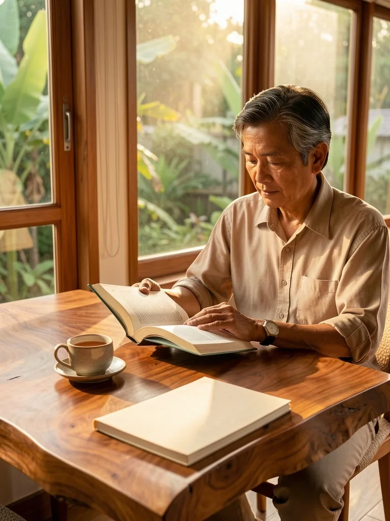 Man reading in warm morning light