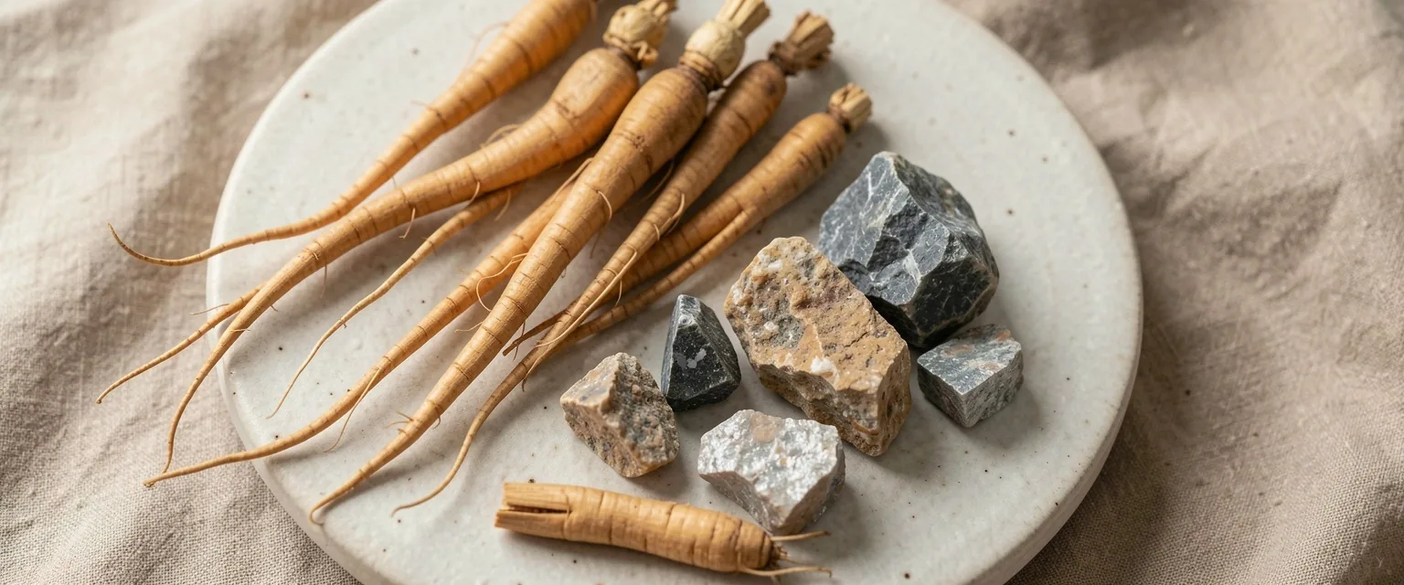 Natural mineral and botanical ingredients on a pale surface