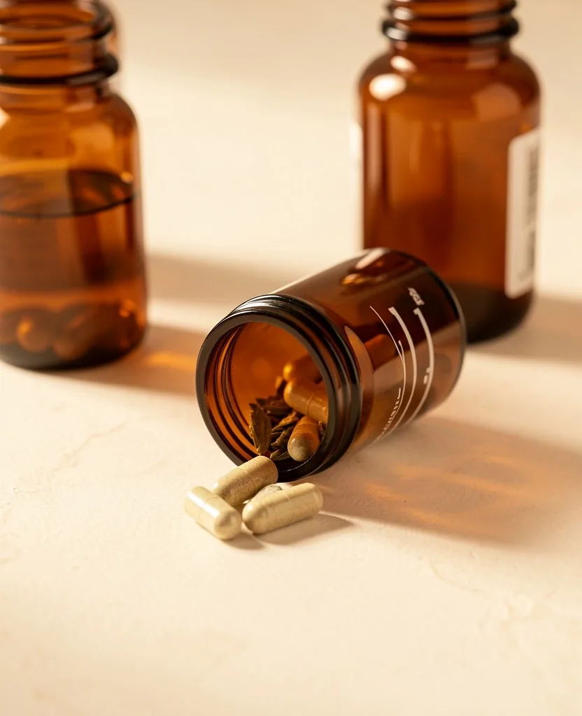 Natural supplement bottles on a light surface