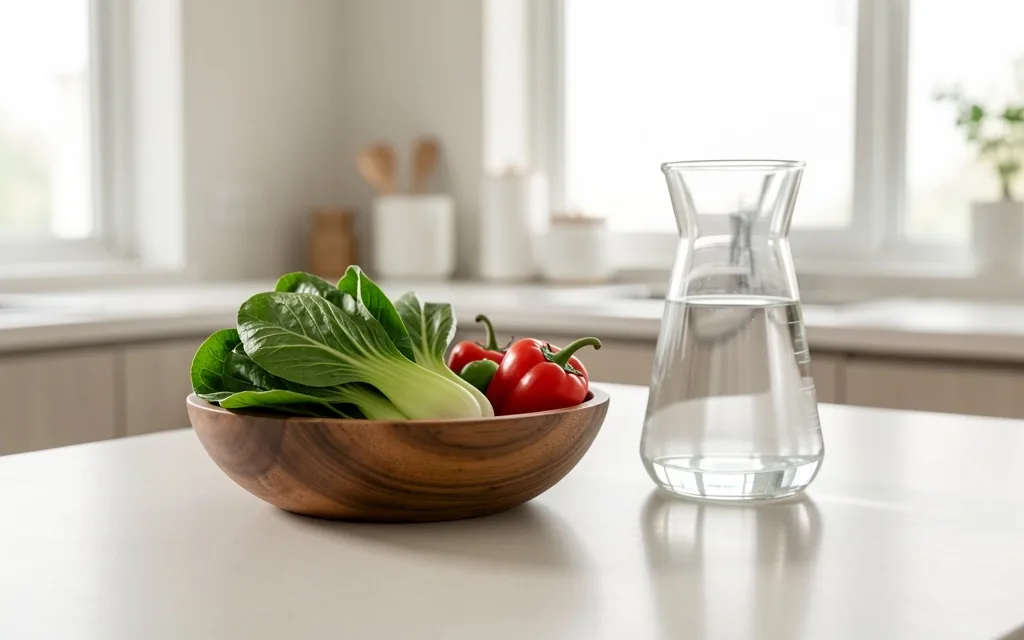 Clean kitchen counter with fresh produce and water