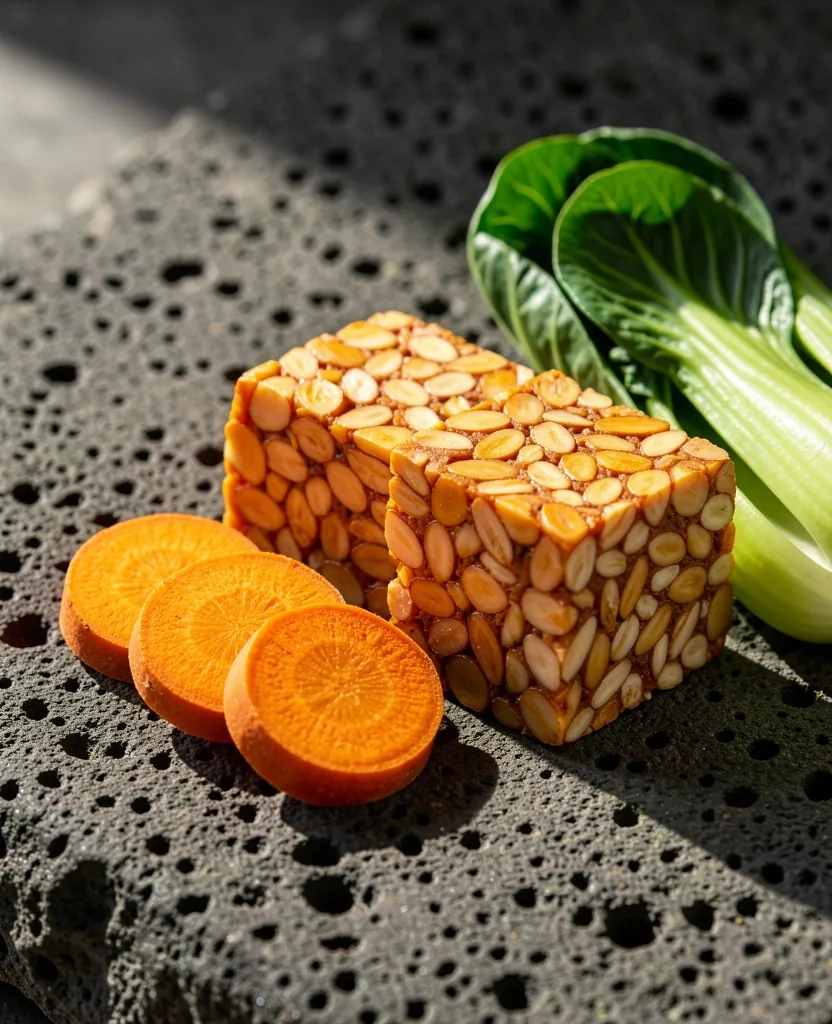 Fresh Indonesian produce and tempeh on cutting board
