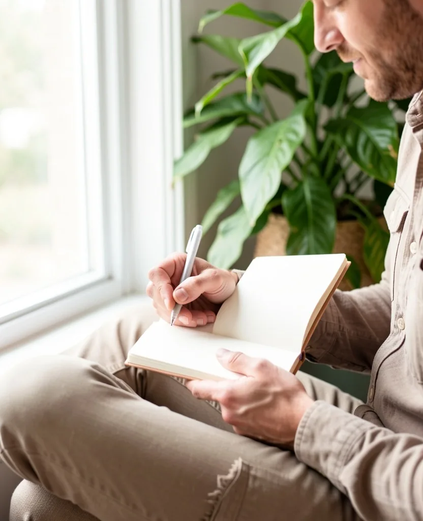 Man journaling at desk in morning light