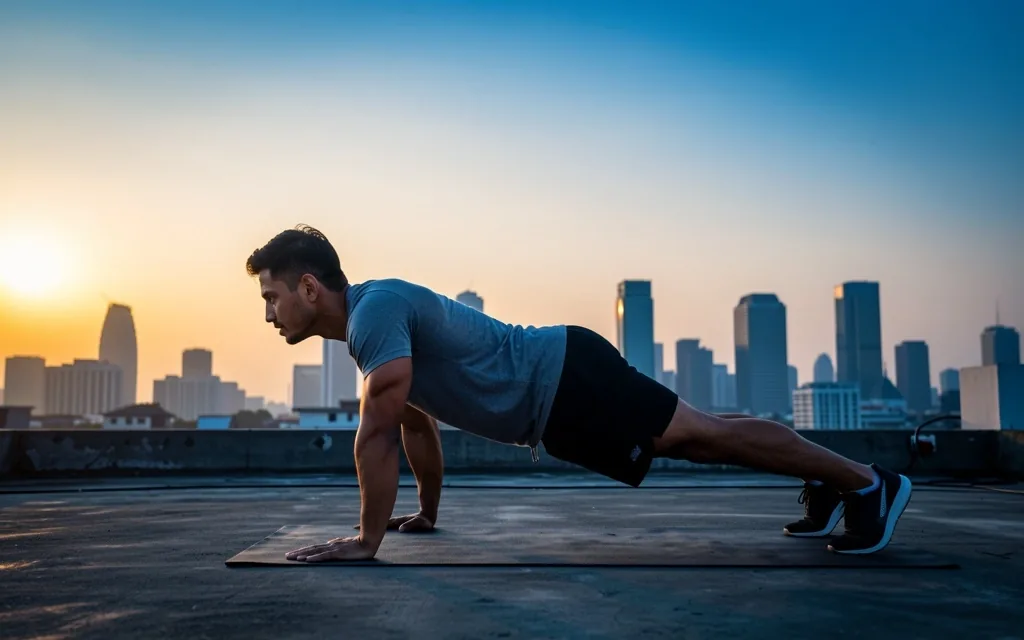 Man exercising at dawn on rooftop