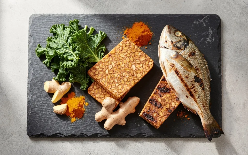Whole foods laid out on stone surface
