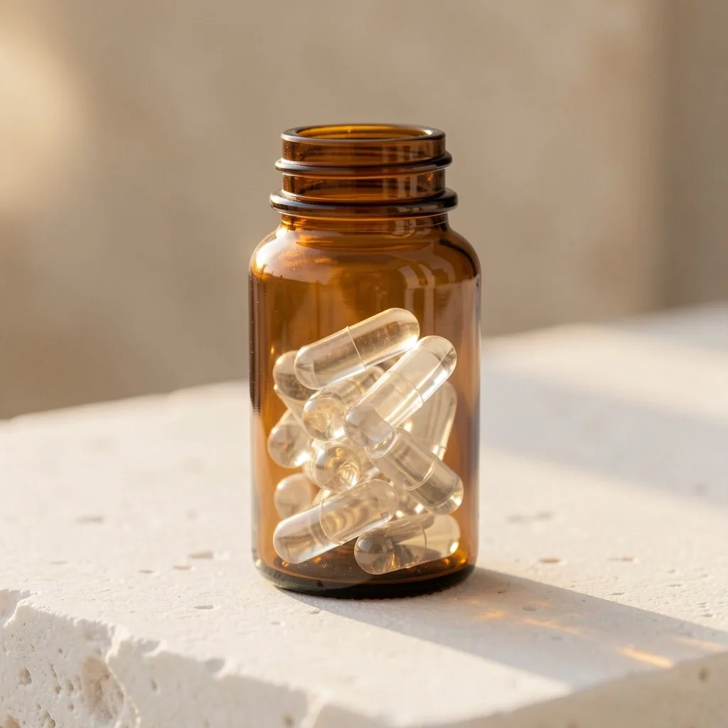 Natural supplement capsules in amber glass bottle