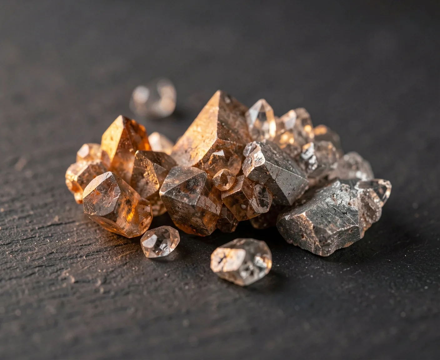 Raw mineral crystals on a dark surface