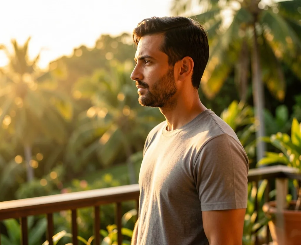 Man standing in warm morning sunlight