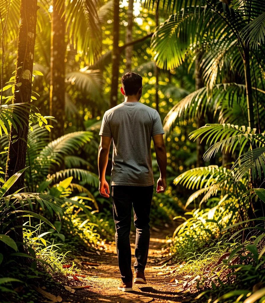 Man walking outdoors on a sunlit path