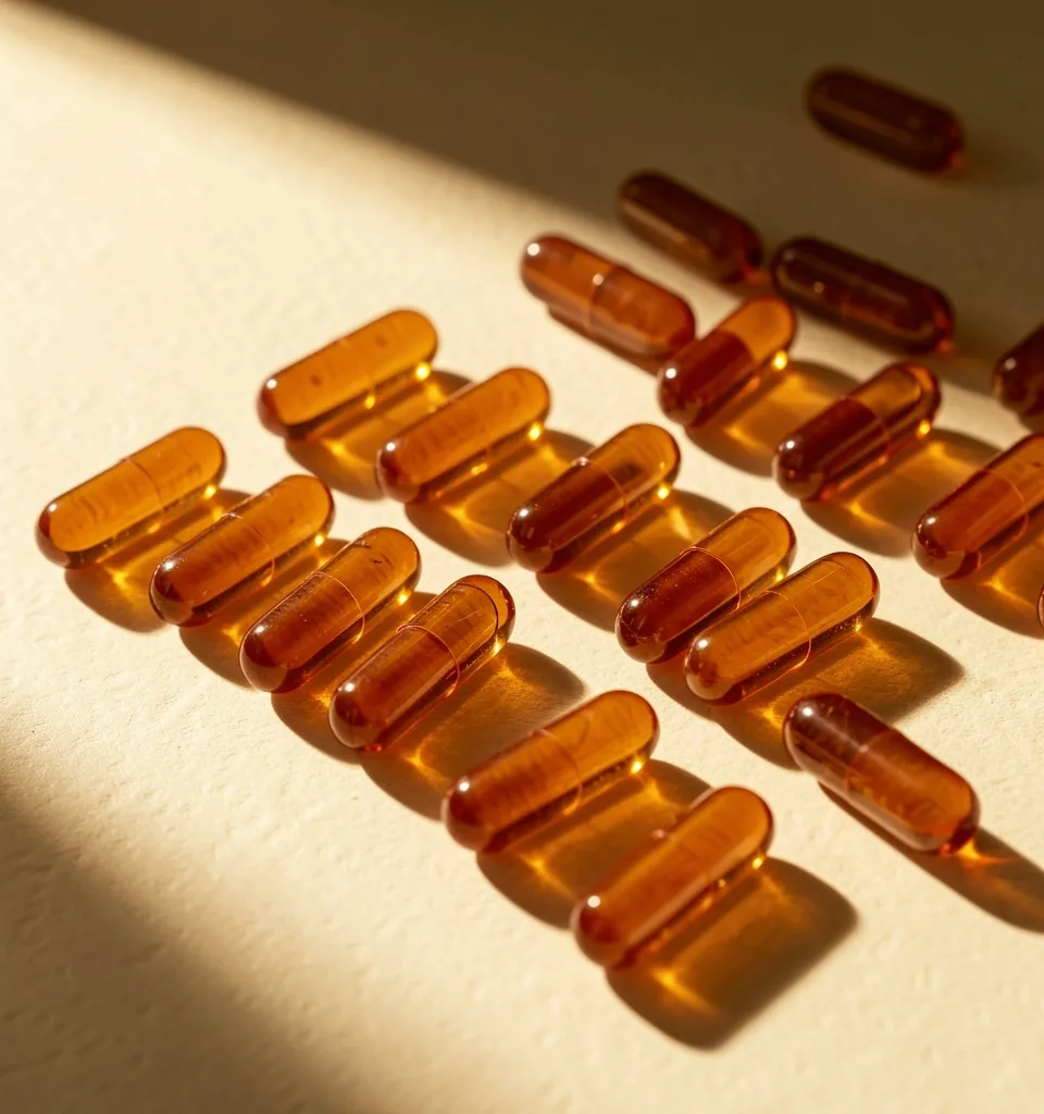 Botanical supplement capsules arranged on paper